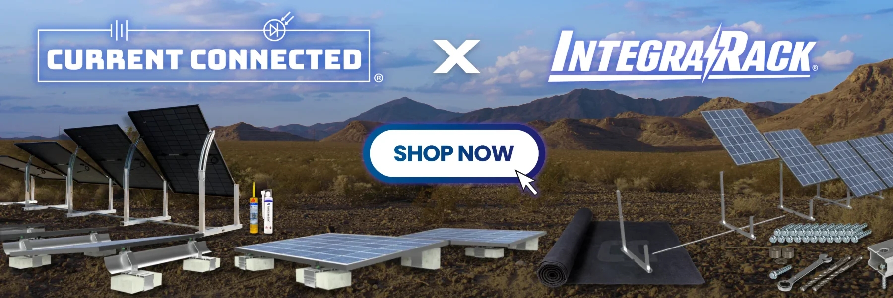 This is displaying the CurrentConnected logo and the Integarrack logo in white text and a shop now button over a mountain landscape with several IntegraRack products also displayed.