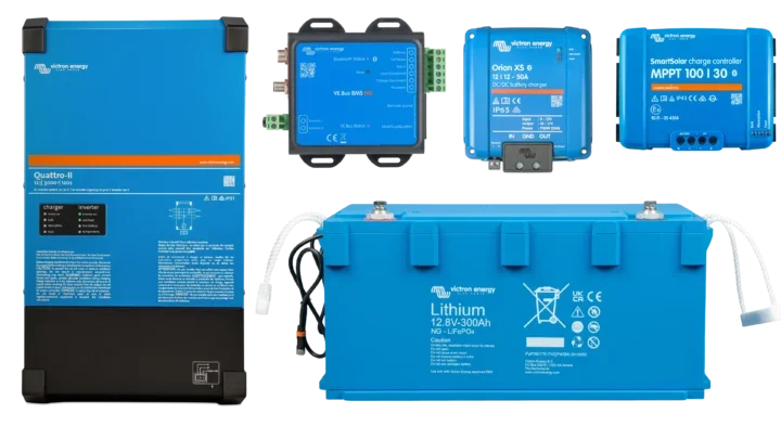 Victron super blue kit with Quattro-II 12V 3kVA 2x120, 12.8V 300Ah Lithium NG Battery, Orion XS 12/12-50A, SmartSolar 100/30 MPPT, and VE.Bus BMS NG.